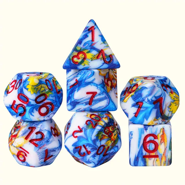 Multi-Colour Blue Mix Pattern 7pc Dice Set inked in Red